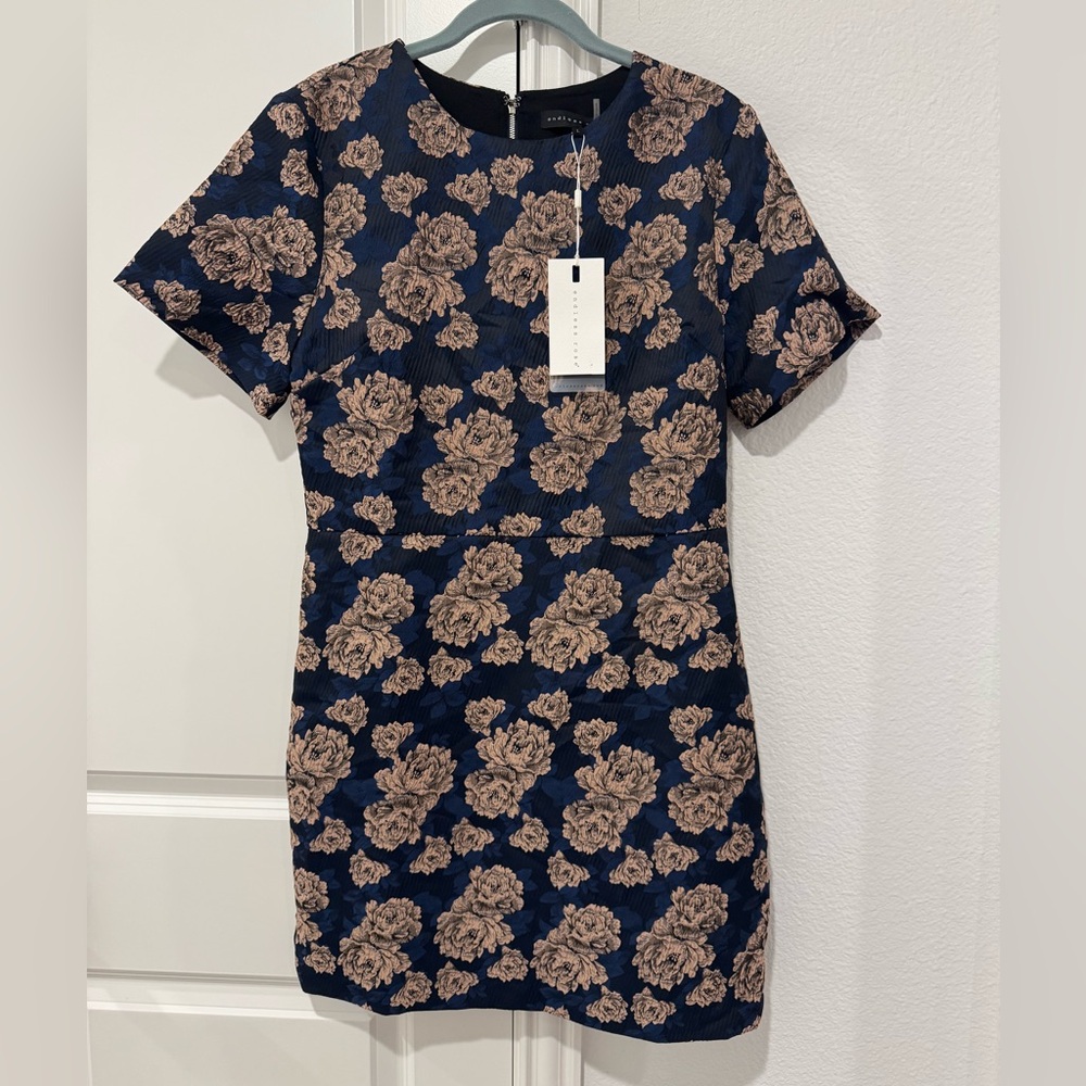 Endless Rose Navy and Tan Floral Mini Brocade Dress